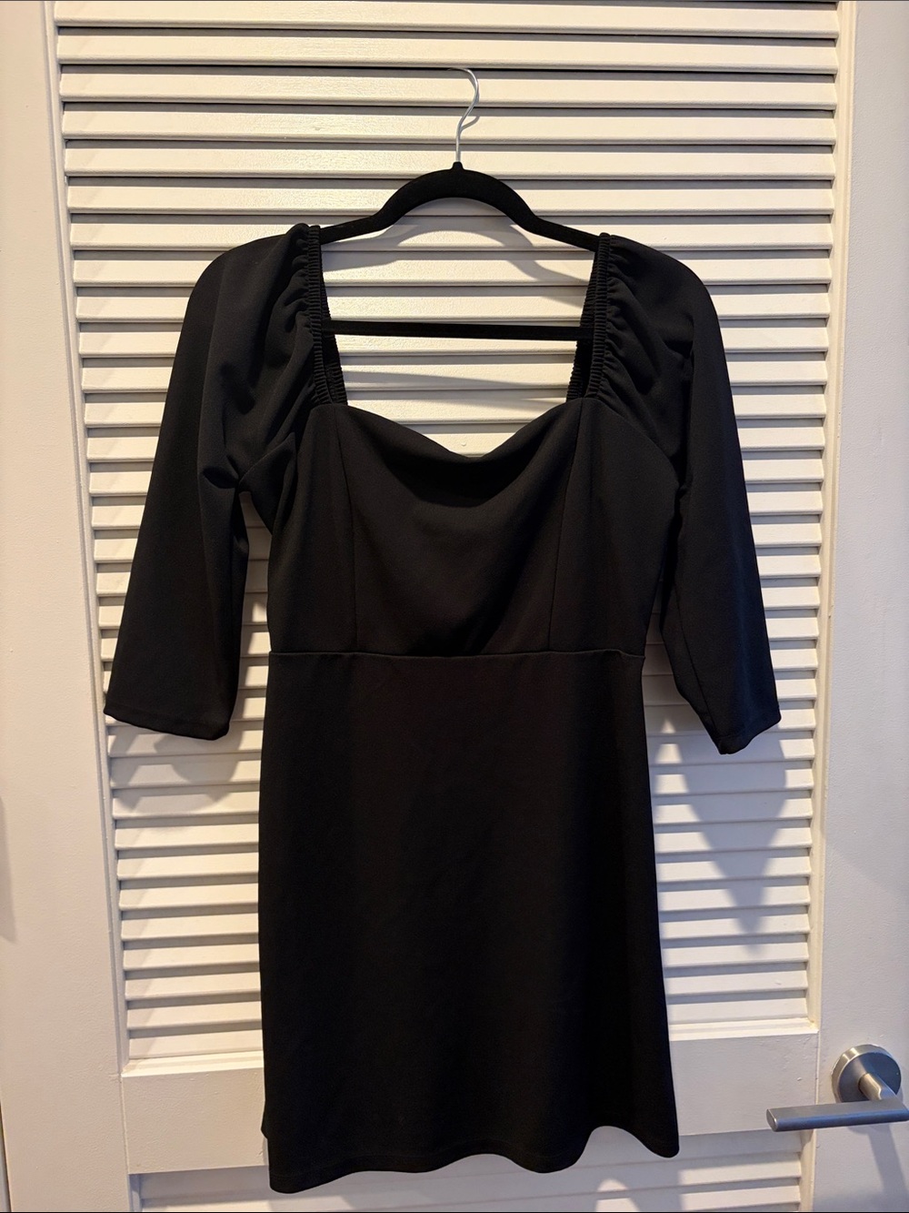 Leith Black Mini Dress with Square Neck and Puff Shoulders